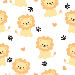 Cute seamless pattern with a baby lion, paw prints and hearts. Vector illustration. It can be used for wallpapers, wrapping, cards, patterns for clothes and other.