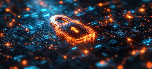 Digital padlock security icon on a futuristic circuit board with glowing data