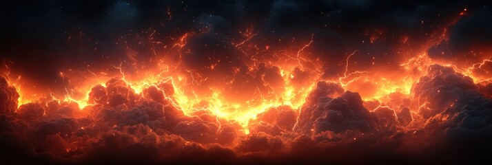 Intense fiery orange and red glowing clouds swirl dramatically against a dark backdrop