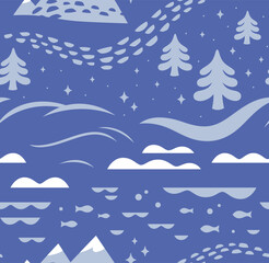 Snowy landscape in blue seamless pattern
