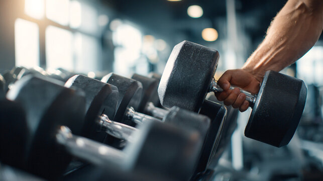 Close-up of man grabbing dumbbells from gym rack, modern fitness concept, bright gym interior