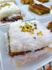 A close up shot of a creamy Turkish milk dessert topped with shredded coconut and crushed green pistachios served on a white plate in a bright and clean restaurant display atmosphere
