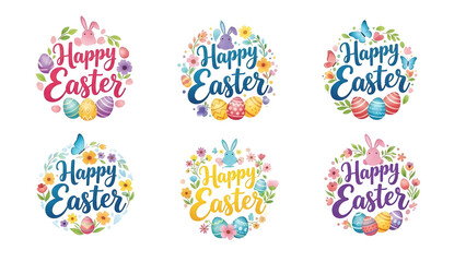 Six colorful happy easter graphics isolated on transparent background
