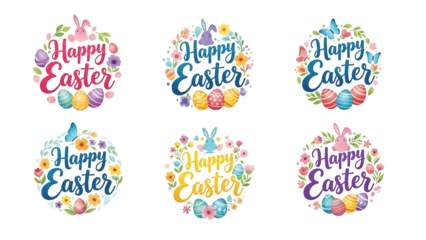 Six colorful happy easter graphics isolated on transparent background