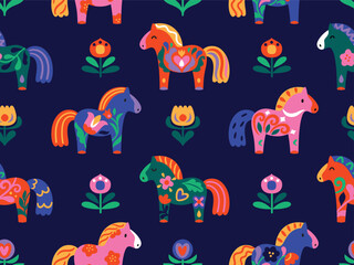 Seamless pattern with Dala Horses on navy