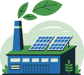 Eco friendly factory with solar panels and green leaves for sustainability concept, flat vector illustration