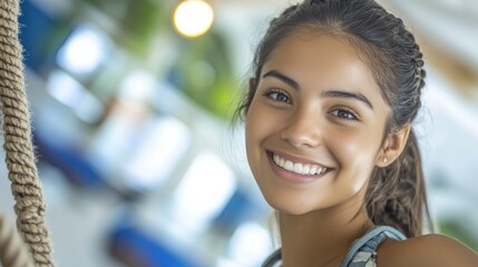 Obraz premium Young girl smiles while playing on a rope in a bright indoor space during the day