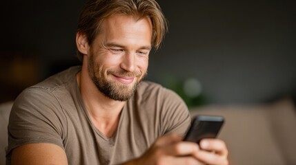 Man sits on sofa looking at smartphone with smile in cozy indoor setting during daytime