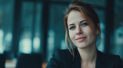Smiling woman in office setting during afternoon meeting with coworkers