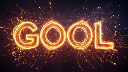 Glowing golden GOOL text with sparkling fireworks and light trails on dark background, celebratory sports goal concept.