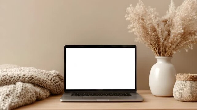 Laptop mock up with blank screen on wooden table surrounded by cozy knitted blanket and decorative vase with dried flowers showcasing elegant home workspace design