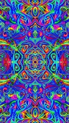 Fototapeta premium Intricate psychedelic mandala pattern with vivid neon colors and symmetrical floral shapes, abstract kaleidoscope background.