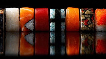 A collection of elegantly arranged sushi rolls, each with its own unique color and texture, on a black background with a reflective surface that reflects their colors and textures.