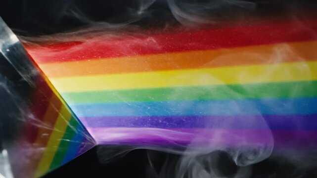 Transparent prism refracting light beam against dark background