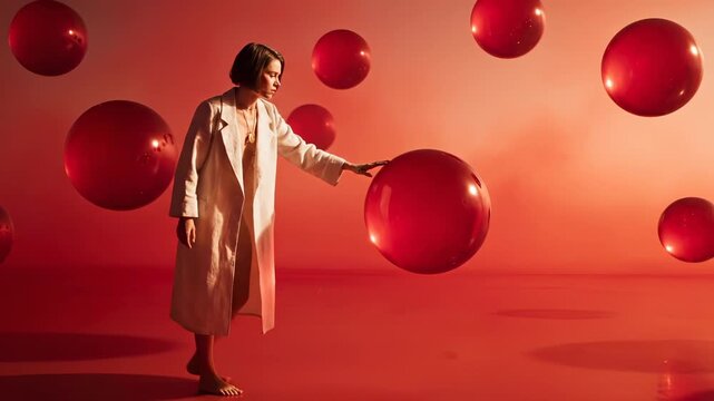 Woman touches floating sphere in surreal studio space. Model reaches for red bubble in abstract artistic concept. Fashion woman with sphere. Surreal studio with floating red orb installation.