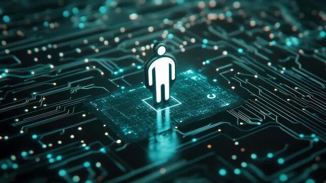 Person among electronic circuitry emphasizing human interaction with technology.