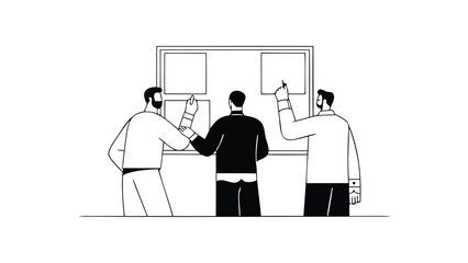 Three business professionals planning on a blank turning into a filled whiteboard with sticky notes in a meeting room