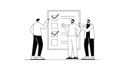 Three business professionals discussing project wrap up on a summary board with checklist