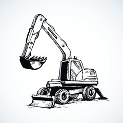 Utility pneumatic mini cutcat model with dipper and big rubber bus isolated on white background. Outline hand drawn tool sign icon logo pen on paper. Side view on space for text on quarry grub land