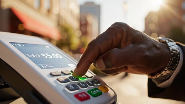 Hand pressing button on card payment terminal with city background 4k video