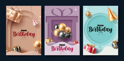Obraz premium Stylish Papercut Birthday Greeting Cards with Gifts, Balloons and Party Hats in Beige, Purple, and Blue Background. Elegant Happy Birthday Clipart poster Card Designs with Birthday elements.