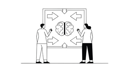 Two business professionals brainstorming ideas on a large whiteboard with a brain and multiple arrows representing creative problem solving and strategy planning in a modern