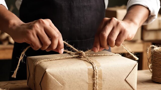 Person wrapping a brown paper package with twine on a wooden table 4k video