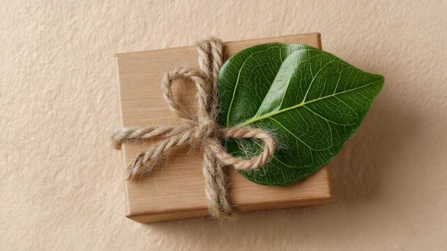 Gift box wrapped in natural twine with a green leaf on top is presented from different angles showcasing the elegant packaging and organic materials used in the design