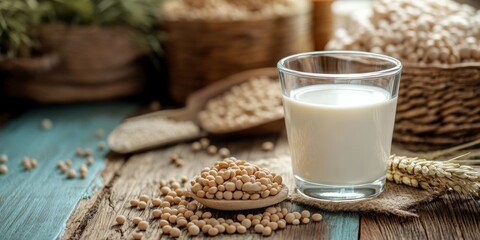 A glass of milk is placed on a wooden table, accompanied by a spoon and a bowl of beans. The beans are spread out around the glass, creating a cozy and inviting atmosphere