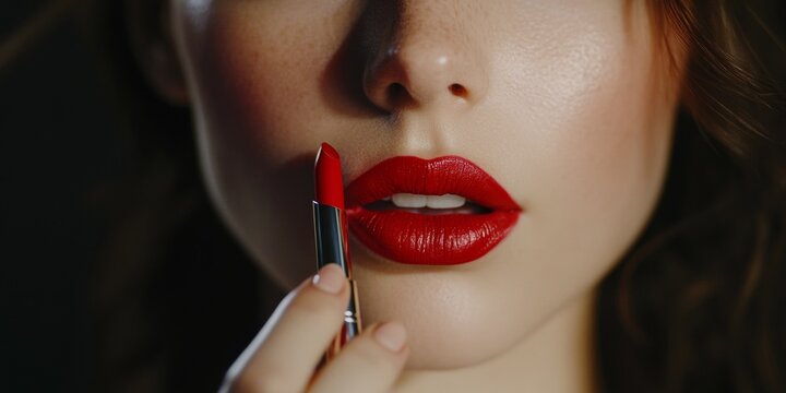 A woman with dark hair and red lips applies lipstick close up. She is wearing makeup which includes eye shadow and mascara.