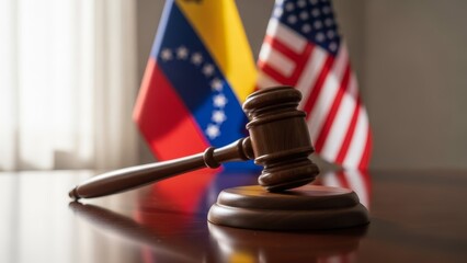 Conceptual image of a wooden gavel with Venezuela and USA flags. Illustrates legal sanctions, international law, and geopolitical conflict between the two nations for news reports and digital media.