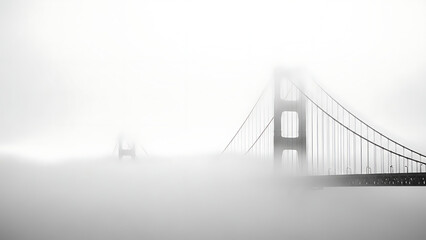 Obraz premium An iconic suspension bridge, partially visible through a dense blanket of fog, creating a mysterious and atmospheric monochrome landscape photograph