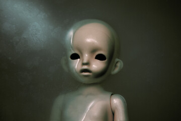 Creepy doll face in dark dirty water