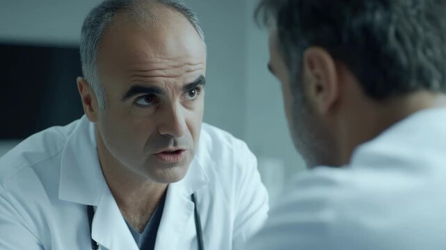 Two men, one in a white coat and the other in hospital attire, engage in a serious conversation in a medical setting.