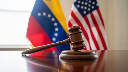 Conceptual image of a wooden gavel with Venezuela and USA flags. Illustrates legal sanctions, international law, and geopolitical conflict between the two nations for news reports and digital media.