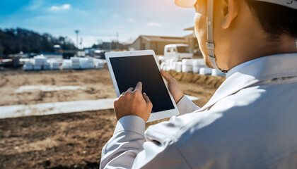 タブレット操作で建設DXを活用する現場作業員の後ろ姿 