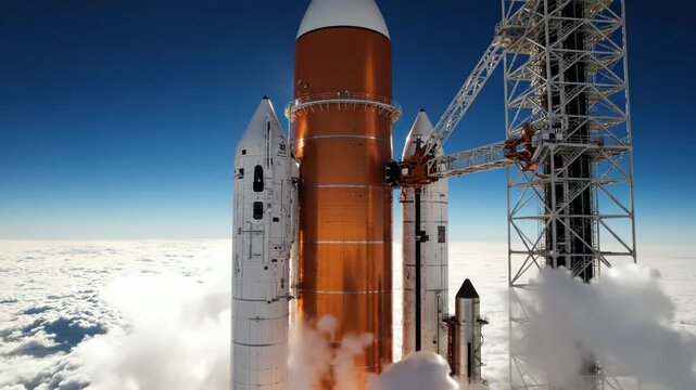 Space shuttle rocket booster launch vehicle on launchpad with clouds below 4k video