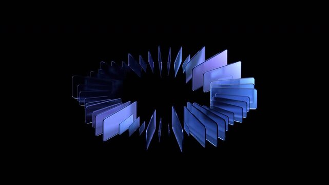 Data analytics concept. Glass objects are arranged in a structure and organized in a circle on a black background, 4k seamless loop 3d animation
