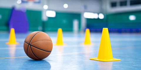 Basketball and bright yellow training cones arranged on a blue gymnasium court, setting the scene for athletic drills and skill development
