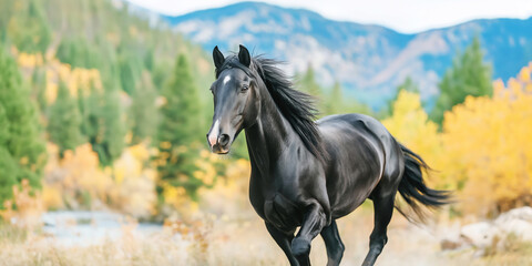 Dark horse galloping across a meadow surrounded by colorful fall foliage and towering mountains. Energetic motion reflecting power and untamed essence