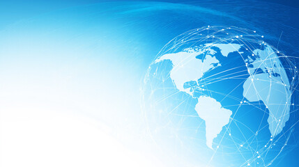 World map with digital lines and dots displaying global connection, internet, and data exchange over a blue background