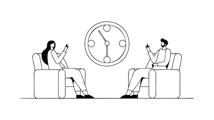 Business professionals discussing time management sitting in armchairs with clock