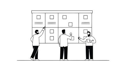 Three professionals collaborating on workflow planning using a large timeline ribbon across a whiteboard illustrating project management and teamwork in a modern office setting