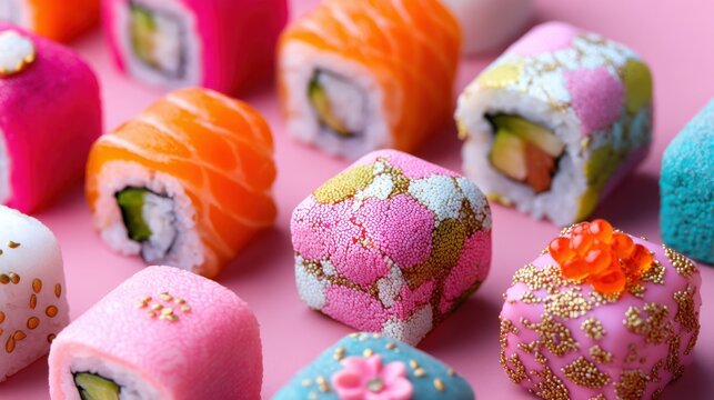 Colorful and delicious sushi rolls made of candy, decorated with glittering gold sprinkles on a pink background. Close-up shot of colorful japanese-inspired food. - Powered by Adobe