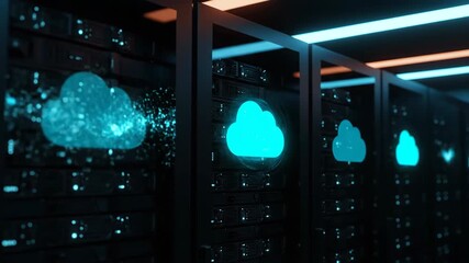 Dark server room with glowing blue cloud icons and digital data streams representing cloud computing - Powered by Adobe