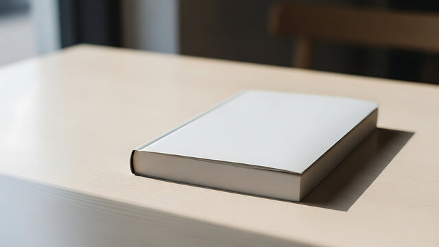A closed, blank white hardcover book rests on a wooden table with soft lighting and shadows - Powered by Adobe