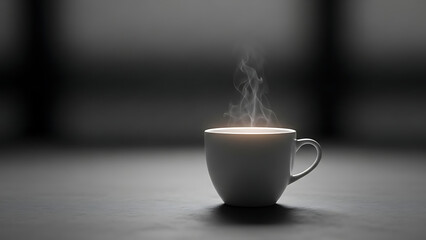 A close-up shot of a steaming cup of hot coffee on a dark surface, with soft light illuminating the rising steam