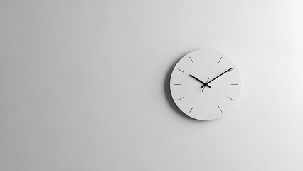 A clean, modern white analog wall clock with sleek black hands mounted on a bright, minimalist white wall, symbolizing simplicity, contemporary design, and the quiet passage of time