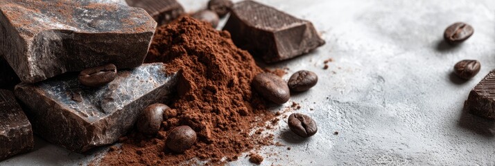 Close-up of dark chocolate chunks, cocoa powder, and coffee beans on rustic surface, ideal for gourmet food, cafe, or dessert marketing backgrounds