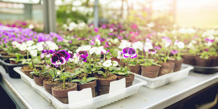 Potted pansy plants blooming in a greenhouse display, showing fresh spring flowers ready for sale and gardening - Powered by Adobe